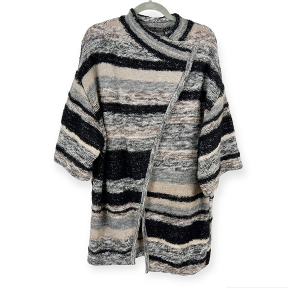Peruvian Connection Alpaca Cardigan Sweater Marled Knit Stripe Black Gray Long - Picture 1 of 14